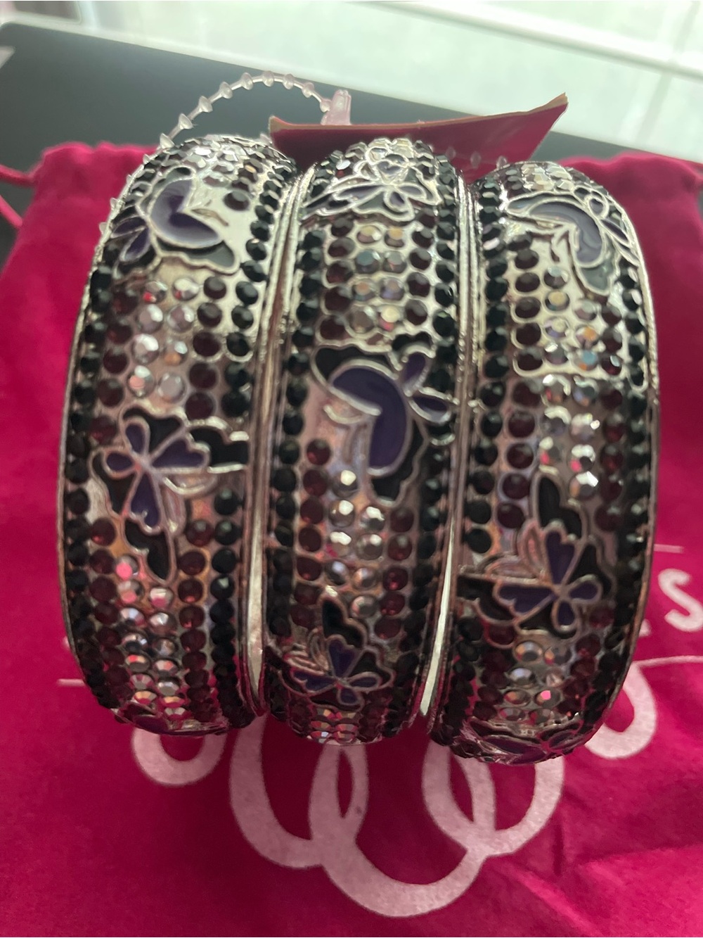 Sassy Jones Silver-Tone Floral Crystal Bangle Set in Purple and Black